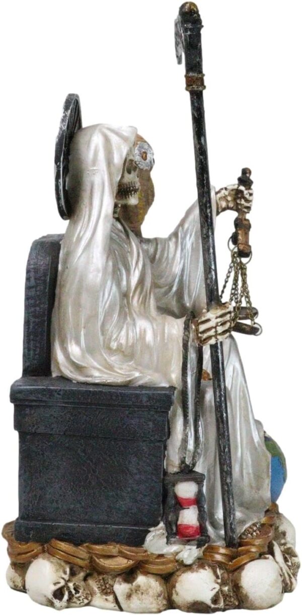 Ebros Gift 9" Tall Bone Mother Holy Death White Tunic Robe Santa Muerte with Scythe and Scales Sitting On Throne Statue Day of The Dead Patron of Purity and Protection - Image 4