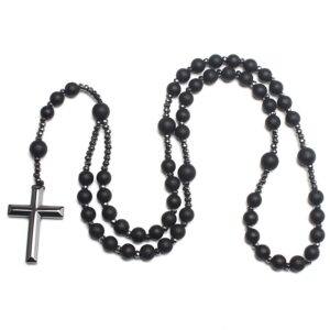 Tiger Eye Cross Necklace Black Obsidian and Hematite Christ Rosary Healing Crystal Necklaces with Cross Pendant Men Necklace Meditation Jewelry (Matte Black)