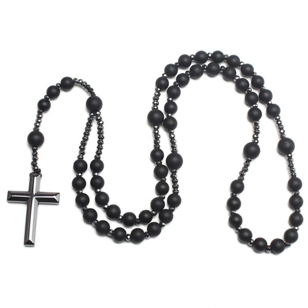 Tiger Eye Cross Necklace Black Obsidian and Hematite Christ Rosary Healing Crystal Necklaces with Cross Pendant Men Necklace Meditation Jewelry (Matte Black)