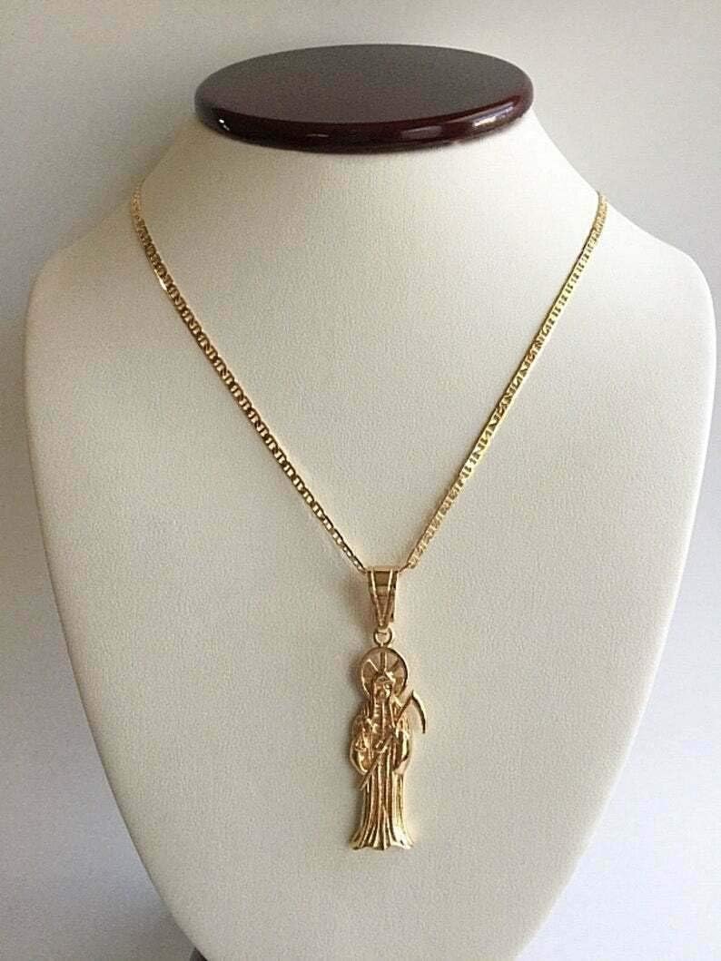 Yonune 18K GOLD PLATED GRIM REAPER NECKLACE 20" LONG / 18K BANO DE ORO CADENA DE LA SANTA MUERTE 20" LARGO-P77 - Image 2