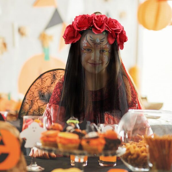 NODG Day of the Dead Headband, Retro mesh carnival head button, Halloween day rose flower party hair accessories headband black female - Image 6