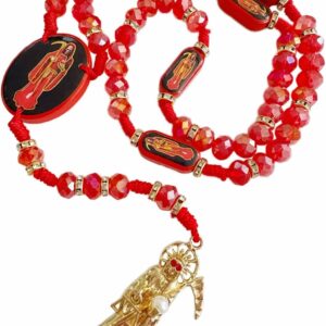 BONITTER Black Holy Death's Necklace Wooden Santa Muerte Necklace Red Rosaries Beads Blessing Crafted Rosario de la santa muerte Prayer Gift For Women Men
