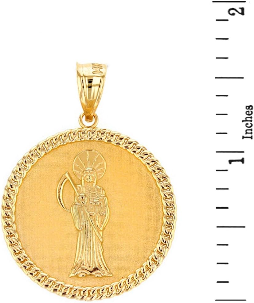 10k Yellow Gold Santa Muerte (Grim Reaper) Cuban Link Frame Medallion Pendant - Image 2