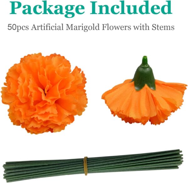 50Pcs Artificial Marigold Flowers, 2‘’ Silk Heads with Stems for Diwali, Indian Festival, Day of The Dead Dia de Los Muertos, Mexican Party, Halloween, Altar DIY Decor - Image 4