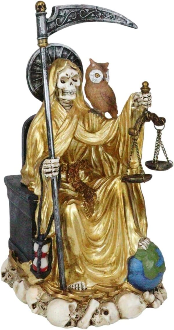 Ebros Gift Santa Muerte Holding Scythe Hourglass and Scales of Justice with Wise Owl Seated On Throne Figurine Holy Death Bone Mother Patron of Wealth Protection Purity Love Health (Gold) - Image 9