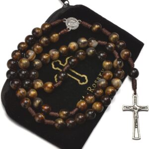 10mm Brown Beads Catholic Rosary Handmade Braided Rosaries with Curcifix Cross and Holy Mary Medal Amulet Rosary Beads Necklace for Women Men