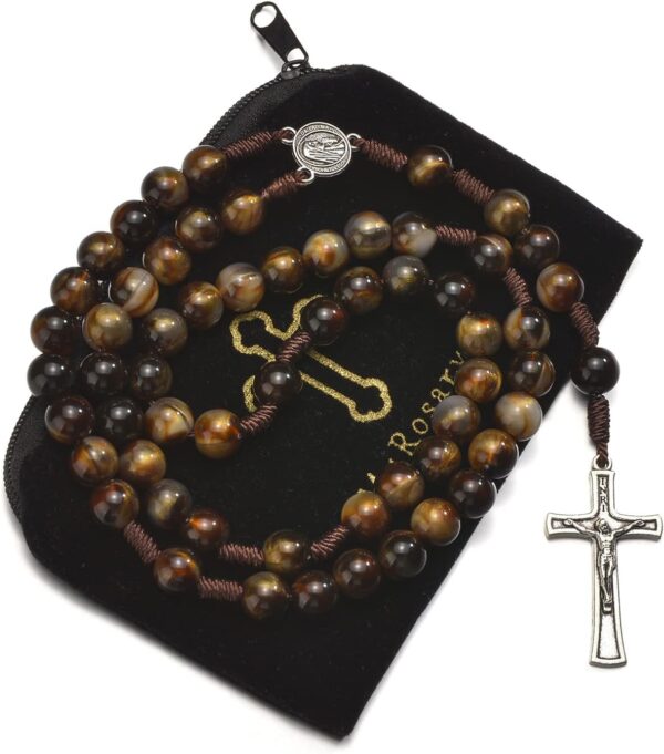 10mm Brown Beads Catholic Rosary Handmade Braided Rosaries with Curcifix Cross and Holy Mary Medal Amulet Rosary Beads Necklace for Women Men