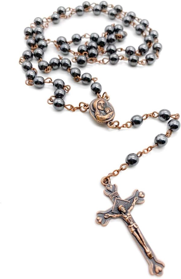 Nazareth Store unisex-adult Hematite Rosary Black Stone Beads Necklace with Jerusalem Holy Soil & Cross Antique Religious Rosaries Beads Collection - Image 3