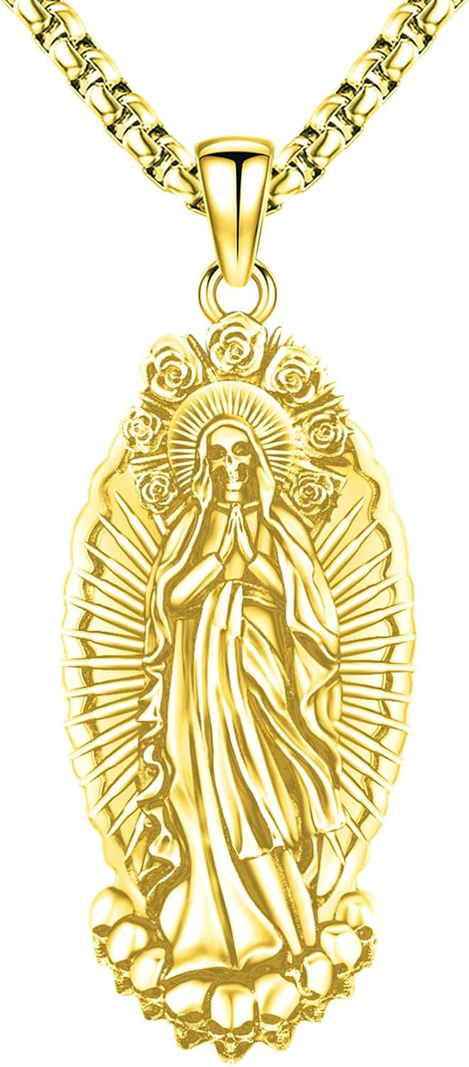 Eusense La Santa Muerte Necklace for Men Women Sterling Silver 925 Gold 14K Skull Necklaces Pendant Grim Reaper Jewelry
