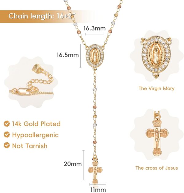 Women's Gold Virgin Mary Necklace - 14k Gold Plated Rosary Bead Cross Necklaces,Hypoallergenic Non Tarnish Gold Catholic Y Chain Necklace,Religious Rosary Beads Crucifix Necklaces Jewelry Gift for Her - Image 4