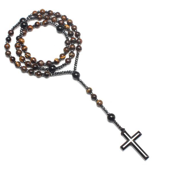 Tiger Eye Cross Necklace Black Obsidian and Hematite Christ Rosary Healing Crystal Necklaces with Cross Pendant Men Necklace Meditation Jewelry (Matte Black) - Image 4