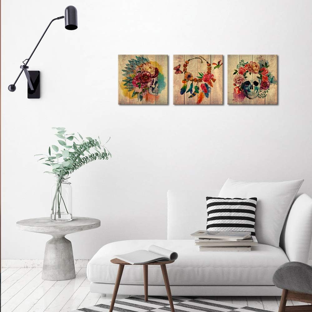 Visual Art Decor Skull Canvas Wall Art Sugar Skull Painting Wall Decor Framed Artwork Halloween Decor, 12x12inchx3Pieces - Image 2
