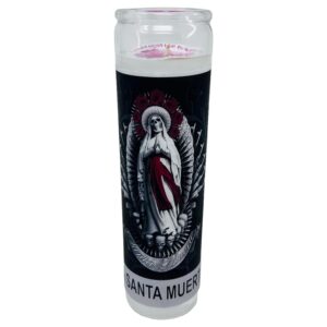 Santa Muerte Veladora Blanca sin fragancia 14 oz vaso grande una pieza prayer candle one piece 14 oz tall glass oración al reverso en español