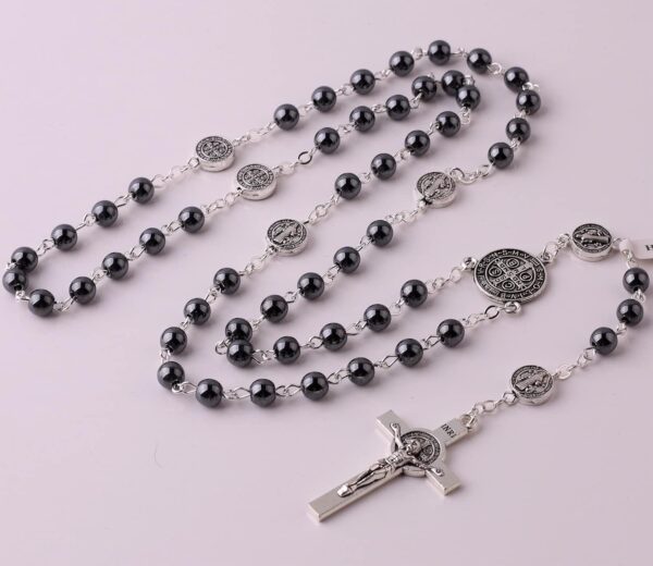 HanlinCC 6mm Hematite Stone Black Beads Catholic Saint Benedict Rosary Necklace for Men and Boy with St.Benedict Center Piece and Crucifix with Metal Gift Box - Image 8