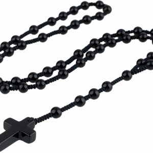 TUMBEELLUWA Cross Pendant Beaded Necklace for Men Women, Catholic Rosary Hand Knotted Necklace