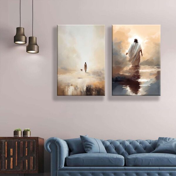 2Pcs Framed Jesus And Lamb Posters Jesus Walking In Waters Wall Art Print Retro Jesus Oil Painting Christian Religion Bible Inspirational Images Jesus Poster Jesus Painting Decoration 12x16 - Image 2