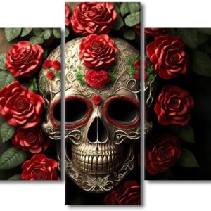 Roses Wall Art Pictures Sugar Skull and Red Roses Collage on Brick Wall Contemporary Home Decor Canvas Wall Art Modern Artwork Posters and Prints for Living Room Bedroom Framed Ready to Hang 60"Wx32"H