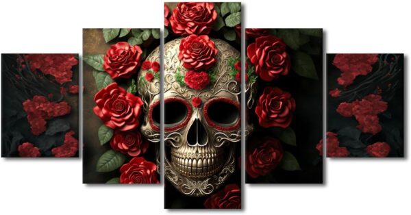 Roses Wall Art Pictures Sugar Skull and Red Roses Collage on Brick Wall Contemporary Home Decor Canvas Wall Art Modern Artwork Posters and Prints for Living Room Bedroom Framed Ready to Hang 60"Wx32"H