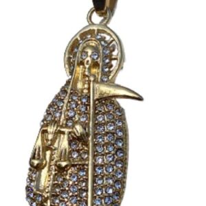 Men Women 925 Italy Gold Finish Santa Muerte Pendant Stainless Steel Real 2.5 mm Rope Chain Necklace, Mens Jewelry, Iced Pendant, Rope Necklace Nuestra Señora de la Santa Muerte