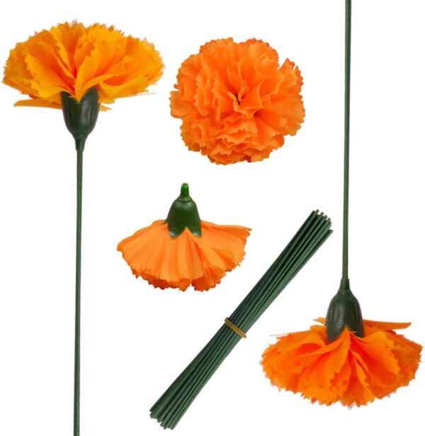 50Pcs Artificial Marigold Flowers, 2‘’ Silk Heads with Stems for Diwali, Indian Festival, Day of The Dead Dia de Los Muertos, Mexican Party, Halloween, Altar DIY Decor