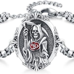 Santa Muerte Bracelet 925 Sterling Silver Grim Reaper Medal Bracelet Holy Death Skull Amulet Bracelet Jewelry for Men with Jewelry Box