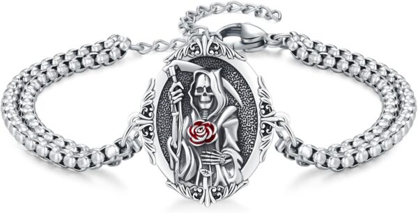 Santa Muerte Bracelet 925 Sterling Silver Grim Reaper Medal Bracelet Holy Death Skull Amulet Bracelet Jewelry for Men with Jewelry Box
