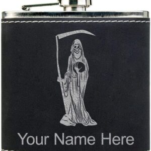 LaserGram Faux Leather Flask, Santa Muerte, Personalized Engraving Included (Black With Silver)