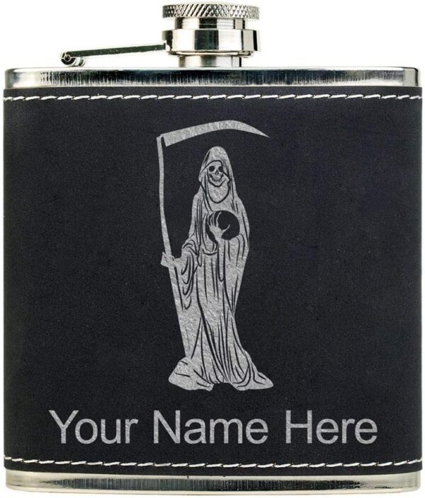 LaserGram Faux Leather Flask, Santa Muerte, Personalized Engraving Included (Black With Silver)