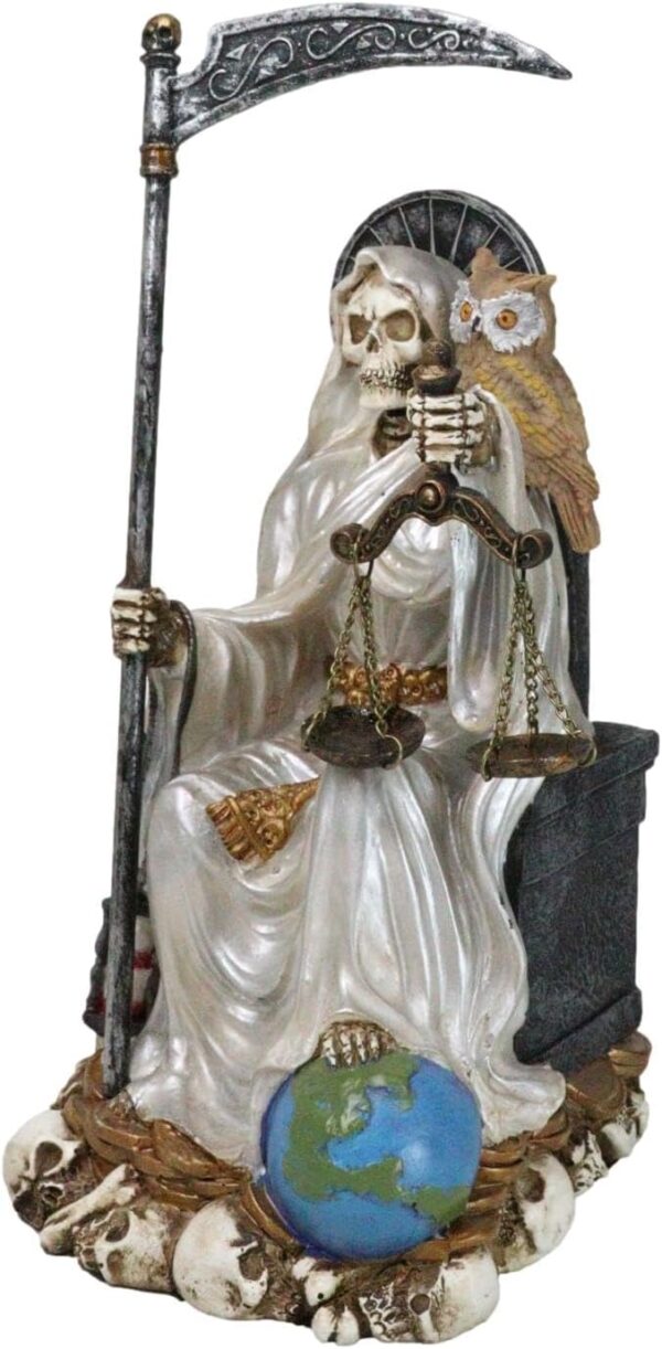 Ebros Gift 9" Tall Bone Mother Holy Death White Tunic Robe Santa Muerte with Scythe and Scales Sitting On Throne Statue Day of The Dead Patron of Purity and Protection - Image 5