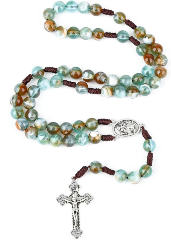 10mm Rosary Beads Catholic Necklace 18.5 Inch Agate Rosary Beads Catholic Necklace for Women/Men Handmade Braided Rosaries with Curcifix Cross and Holy Mary Medal(Green)