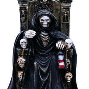 VILLAGE GIFT IMPORTERS 8" Santa Muerte on a Throne Statue | Our Lady of a Holy Death | Skeleton Statue Robed in Black or Gold with Coins at Her Feet | Mexican Folk Catholic Home Decor (Black)