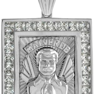 Sterling Silver Cubic Zirconia Jesus Malverde Sinaloa Medal Pendant Rhodium Finish1inch Rectangular