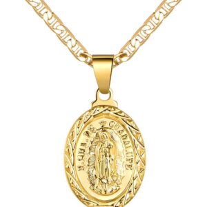 Barzel 18K Gold Plated Flat Mariner/Marina 060 3MM Chain Necklace With Virgin Mary Guadalupe Charm Pendant