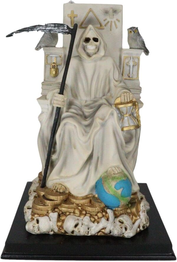 Ebros White Robe Santa Muerte Holy Sacred Death Bone Mother Seated On Throne with Scythe Statue Patron of Protection Healing Purity Figurine Day of The Dead Decorative Sculpture