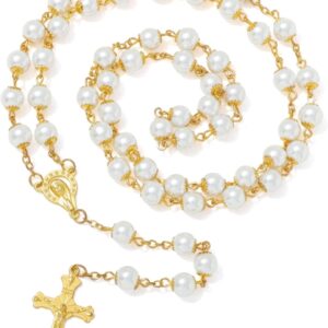 KOMI Rosary Beads Catholic for Women Glass Pearl Beads Rosary Necklace with Saint Benedict Medal & Crucifix Rosarios Catolicos Catholic Gifts for Women with Rosary Pouch