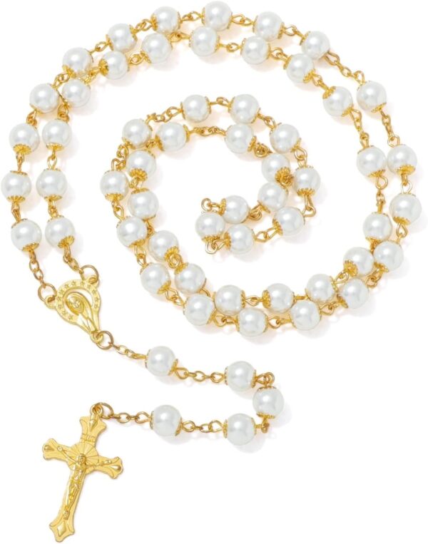 KOMI Rosary Beads Catholic for Women Glass Pearl Beads Rosary Necklace with Saint Benedict Medal & Crucifix Rosarios Catolicos Catholic Gifts for Women with Rosary Pouch