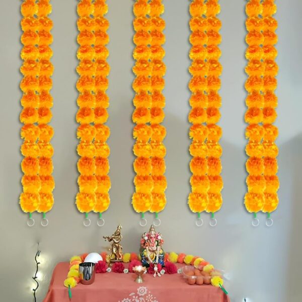 Artificial Marigold Garland, Golden Yellow 5 Feet Long Faux Flowers for Dia De Los Muertos Decorations, Pooja, Diwali, Indian Decor (4 Pieces,Orange) - Image 6