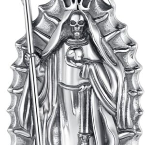 S925 Sterling Silver Santa Muerte Necklace for Men Women, Vintage Santa Muerte Holy Death Pendant Amulet Skull Grim Reaper Jewelry Original Gifts for Women Mens, 22+2inch