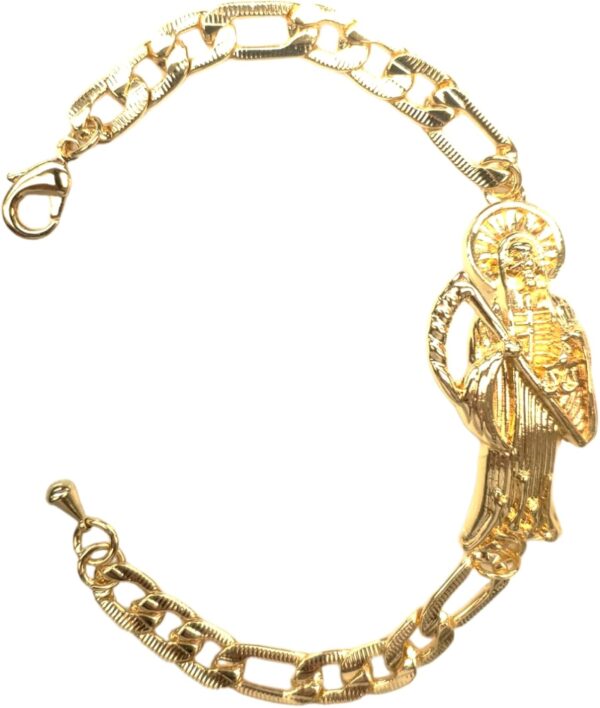 Gold Plated Santa Muerte Chain ID Bracelet Skull Grim Reaper Figaro Link Manilla Esclava De La Santa Muerte Pulsera, 8.5 inches - Image 2