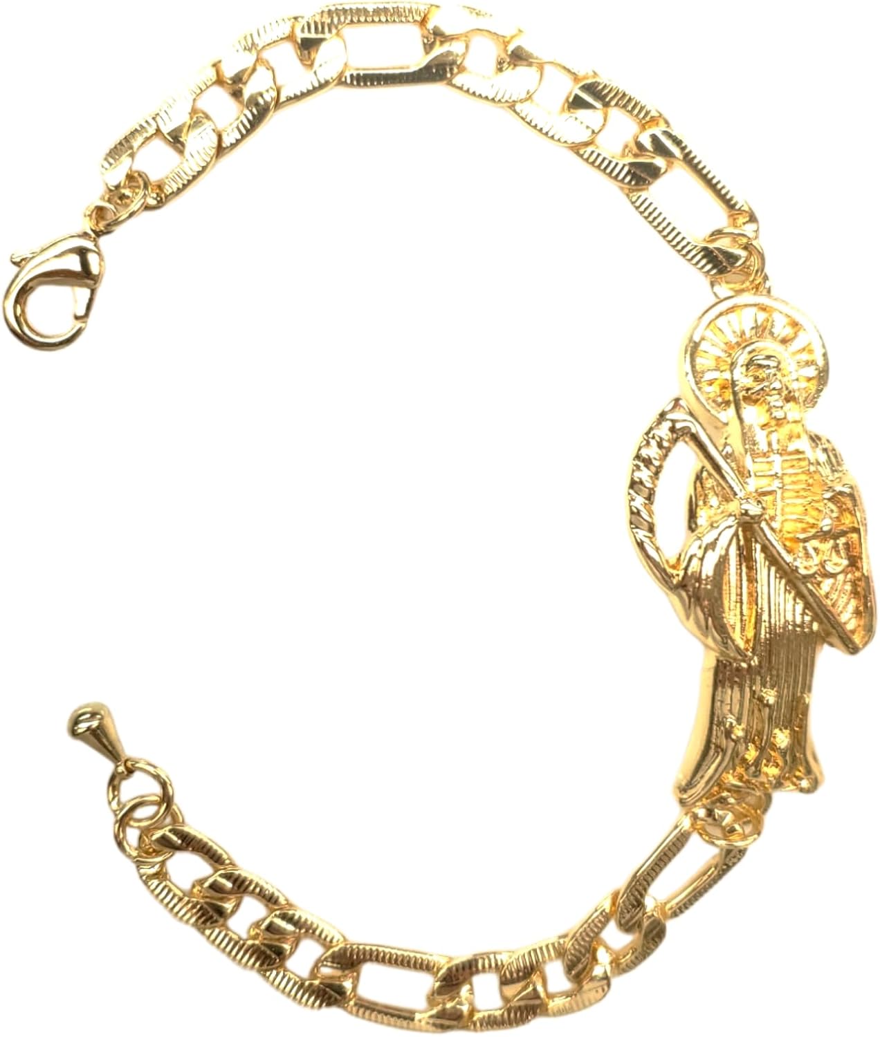 Gold Plated Santa Muerte Chain ID Bracelet Skull Grim Reaper Figaro Link Manilla Esclava De La Santa Muerte Pulsera, 8.5 inches - Image 2
