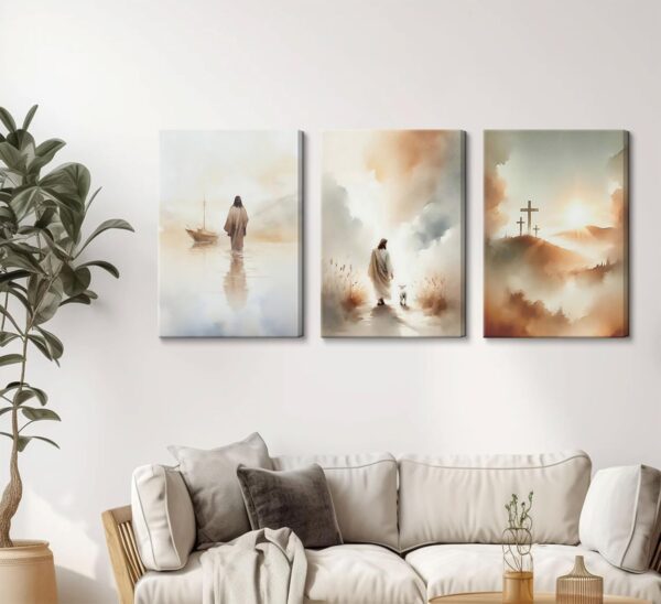 3 Pcs Framed Jesus Wall Art Jesus Walking on Water Canvas Wall Decor Jesus Leaves The 99 Sheep Pictures Prints Christian Posters for Living Room Bedroom Church Home Decorations Ready to Hang 12x16in - Image 2