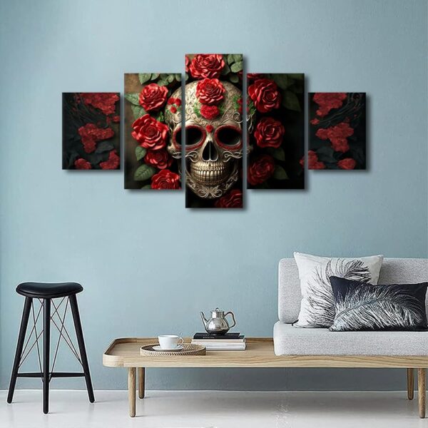 Roses Wall Art Pictures Sugar Skull and Red Roses Collage on Brick Wall Contemporary Home Decor Canvas Wall Art Modern Artwork Posters and Prints for Living Room Bedroom Framed Ready to Hang 60"Wx32"H - Image 3