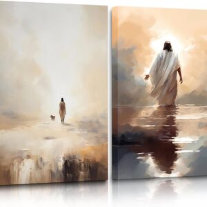 2Pcs Framed Jesus And Lamb Posters Jesus Walking In Waters Wall Art Print Retro Jesus Oil Painting Christian Religion Bible Inspirational Images Jesus Poster Jesus Painting Decoration 12x16