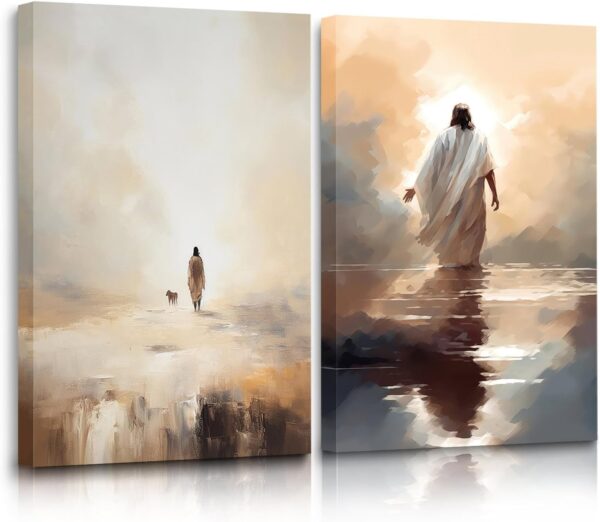 2Pcs Framed Jesus And Lamb Posters Jesus Walking In Waters Wall Art Print Retro Jesus Oil Painting Christian Religion Bible Inspirational Images Jesus Poster Jesus Painting Decoration 12x16