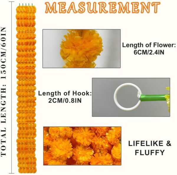 Artificial Marigold Garland, Golden Yellow 5 Feet Long Faux Flowers for Dia De Los Muertos Decorations, Pooja, Diwali, Indian Decor (4 Pieces,Orange) - Image 3