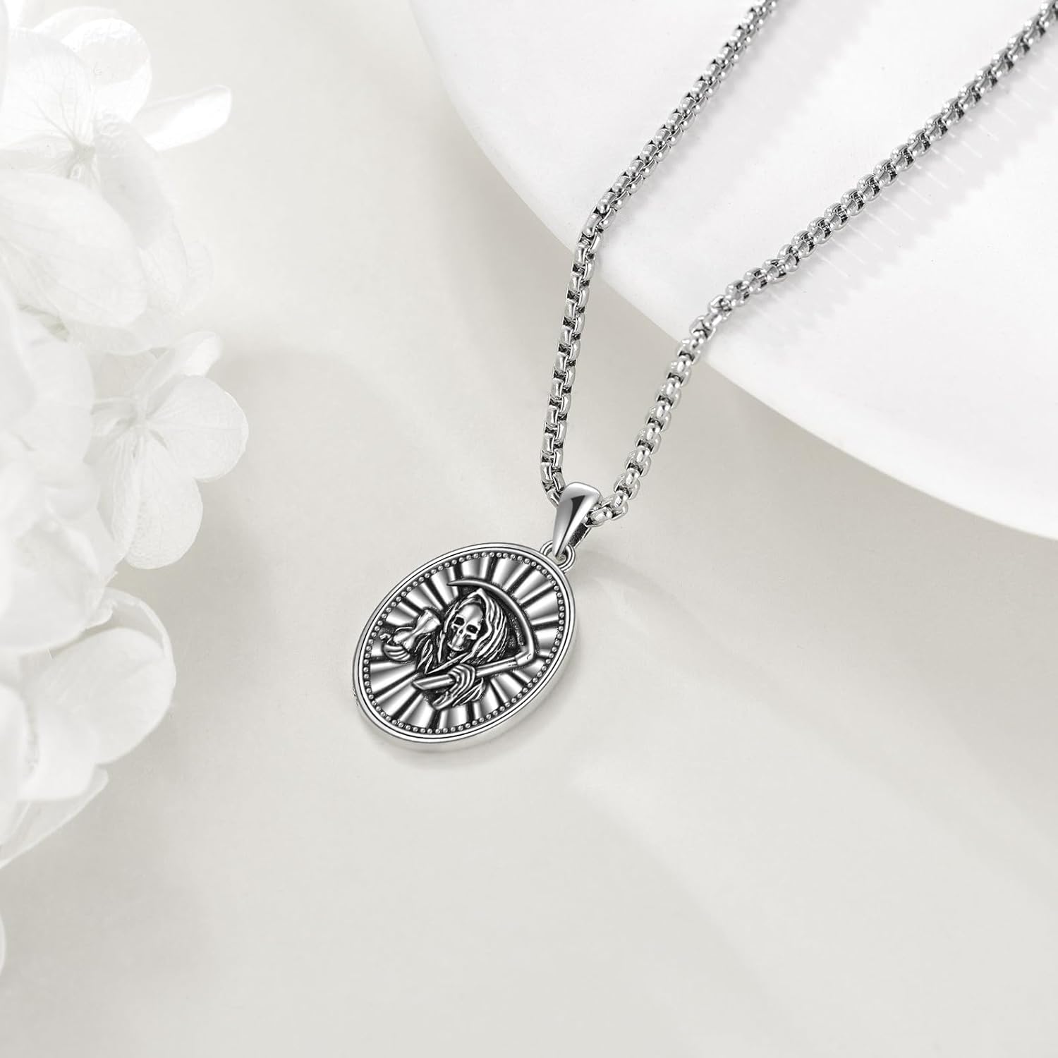 URONE Santa Muerte necklace 925 Sterling Silver Ia Santa Muerte Pendant Grim Reaper Necklace Amulet Jewelry Gifts - Image 3