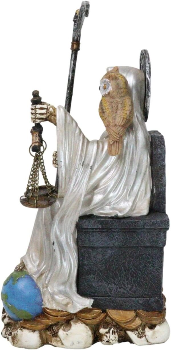 Ebros Gift 9" Tall Bone Mother Holy Death White Tunic Robe Santa Muerte with Scythe and Scales Sitting On Throne Statue Day of The Dead Patron of Purity and Protection - Image 6