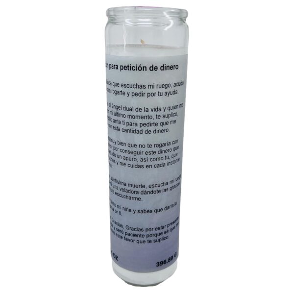 Santa Muerte Veladora Blanca sin fragancia 14 oz vaso grande una pieza prayer candle one piece 14 oz tall glass oración al reverso en español - Image 4