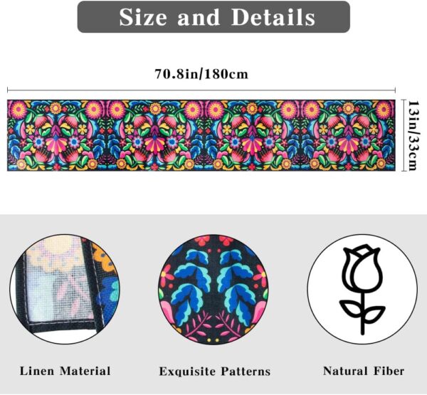 Mexican Table Runner Fiesta Party Dia De Los Muertos and Cinco De Mayo Decoration Linen 72" x 13" Inches Table Runner for Day of The Dead Home Dining Room Kitchen Tablecloth - Image 3