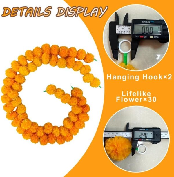 Artificial Marigold Garland, Golden Yellow 5 Feet Long Faux Flowers for Dia De Los Muertos Decorations, Pooja, Diwali, Indian Decor (4 Pieces,Orange) - Image 2